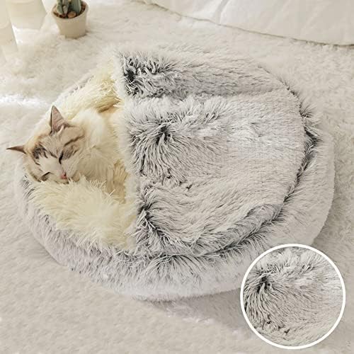 Semi-Enclosed Fluffy Cat Bed – Soft Faux Rabbit Fur Round Pet Nest for Winter, Washable and Warm