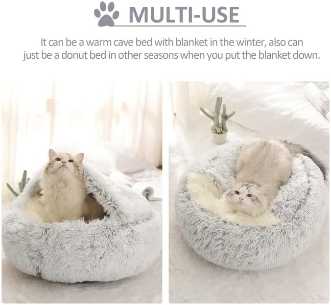 Semi-Enclosed Fluffy Cat Bed – Soft Faux Rabbit Fur Round Pet Nest for Winter, Washable and Warm