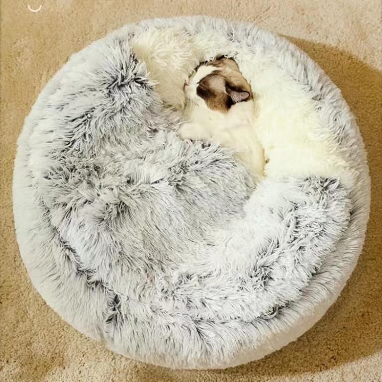 Semi-Enclosed Fluffy Cat Bed – Soft Faux Rabbit Fur Round Pet Nest for Winter, Washable and Warm