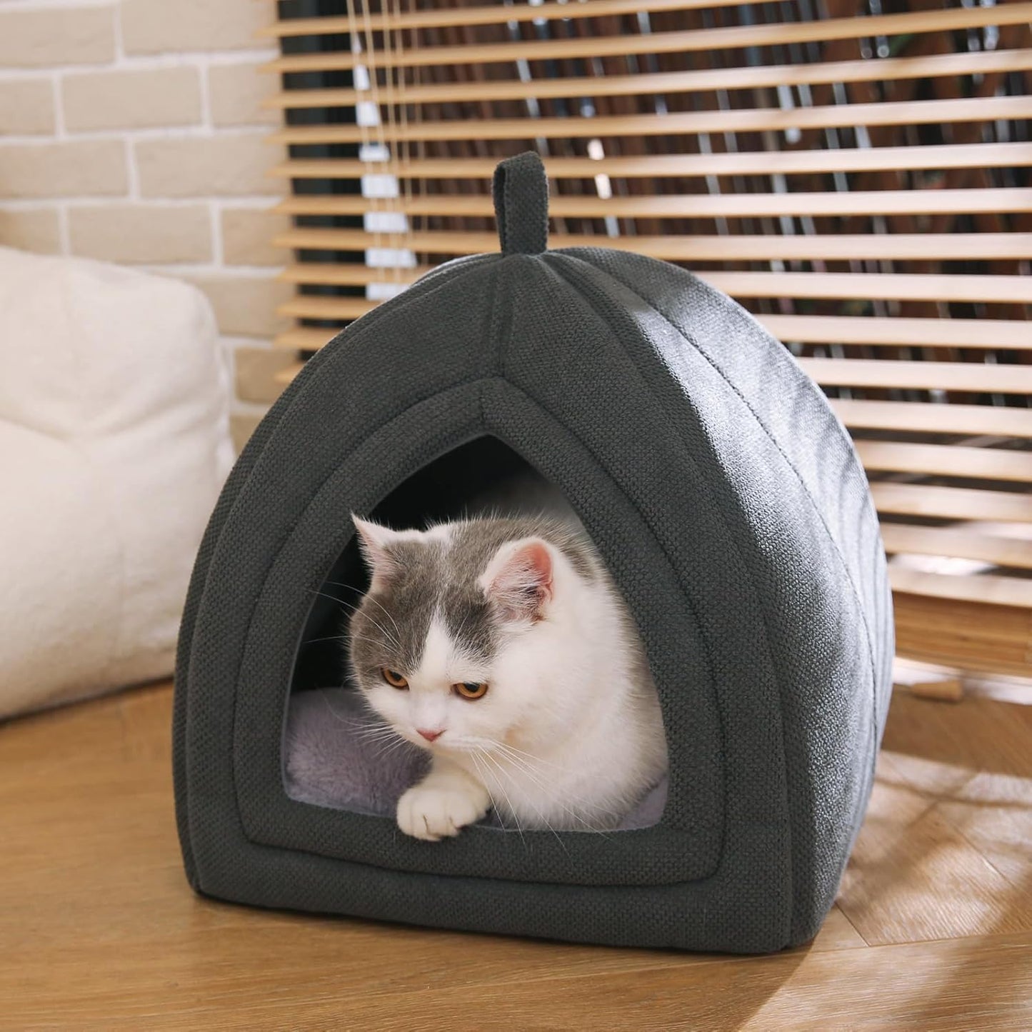 Foldable Black Tent Pet Bed – Cozy Indoor Cat Cave with Removable Cushion for Small Pets