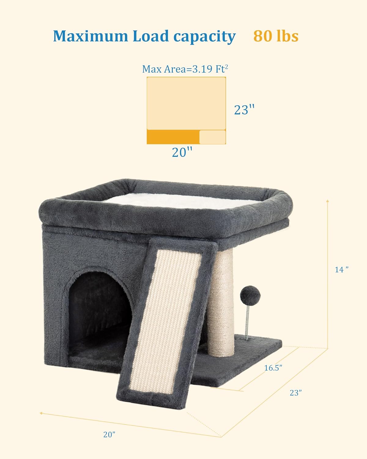 Multi-Functional Cat Condo | Cat Bed Tower with Scratching Ramp & Toy Ball, Holds up to 80 lbs