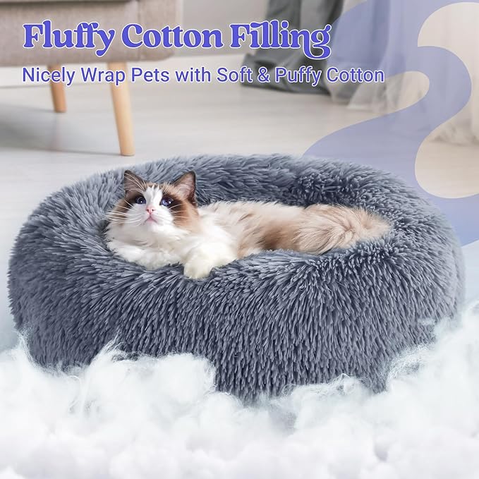 Medium Round Plush Cat Bed | Soft Donut Pet Nest with Non-Slip Base & Washable Design