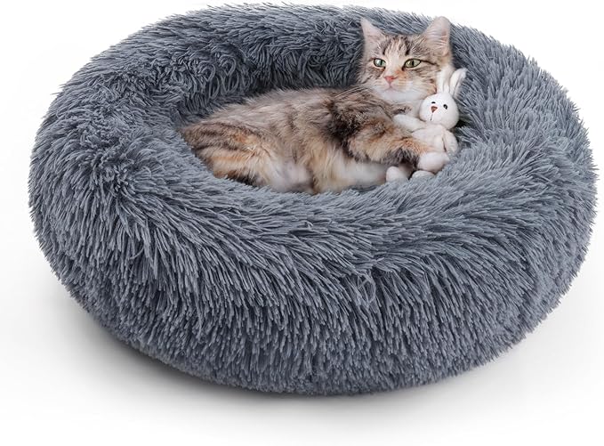 Medium Round Plush Cat Bed | Soft Donut Pet Nest with Non-Slip Base & Washable Design