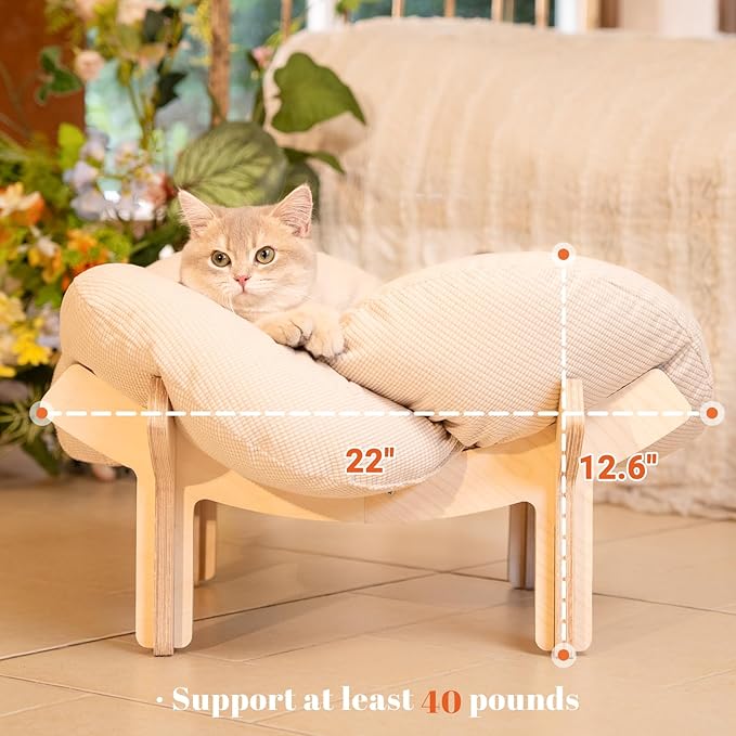 22-Inch Modern Wood Elevated Cat Bed | Soft Washable Cushion | Stylish Pet Lounger with 40 lbs Weight Capacity