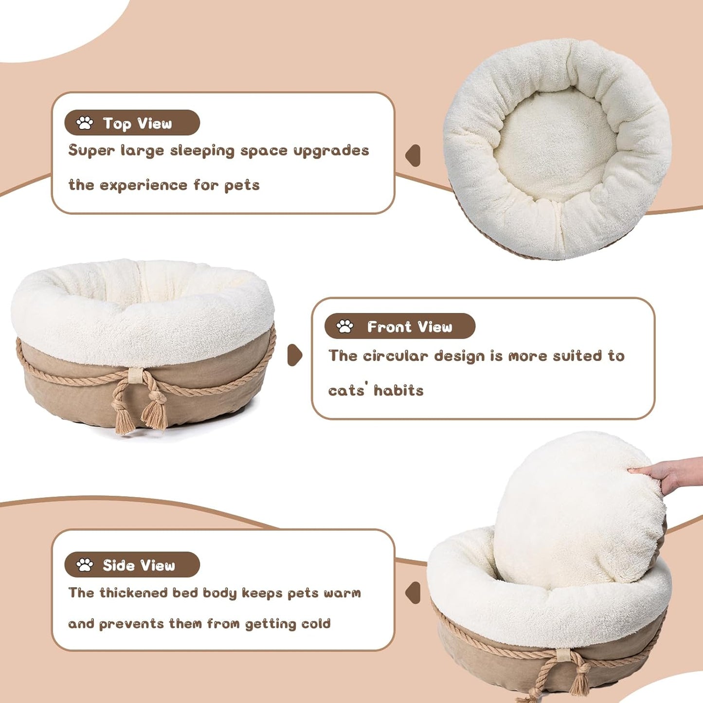 Round Plush Pet Bed – Washable Cozy Cat and Small Dog Nest with Thick Cushion (20 inch)