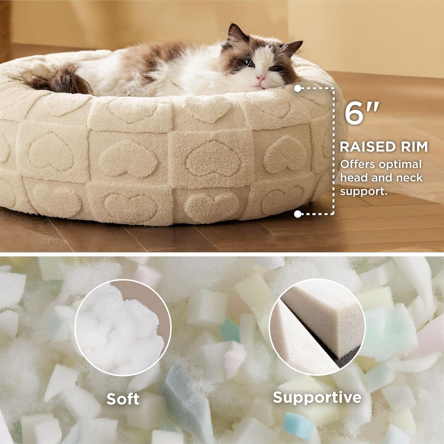20” Plush Donut Cat Bed with Raised Rim – Soft, Washable Round Pet Bed with Heart Pattern – Ideal for Cats & Small Dogs