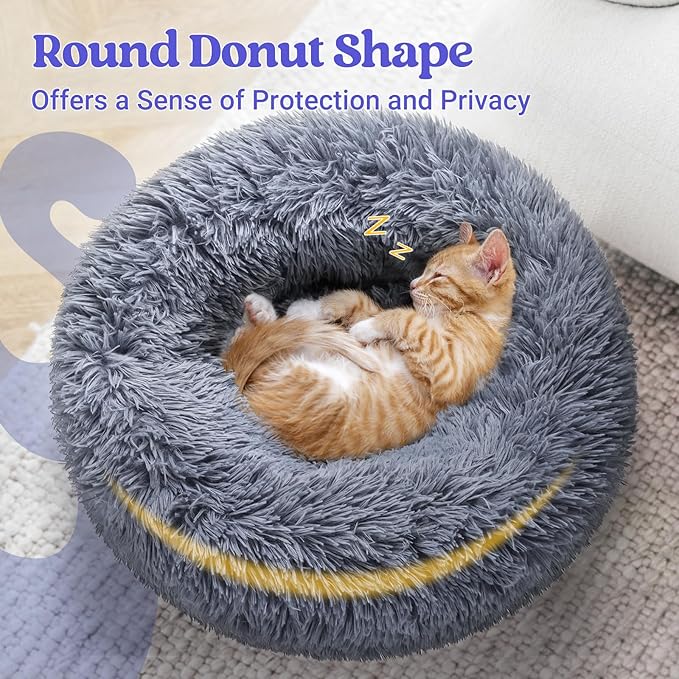 Medium Round Plush Cat Bed | Soft Donut Pet Nest with Non-Slip Base & Washable Design