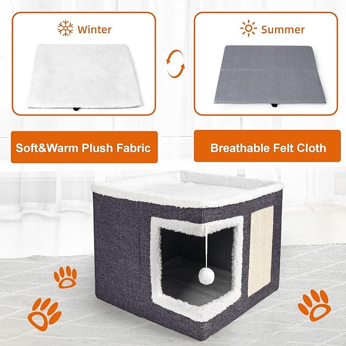Cube Cat House with Soft Top Platform | Cat Condo with Hanging Toy Ball & Scratching Pad | Foldable Pet Bed for Cats up to 25 lbs