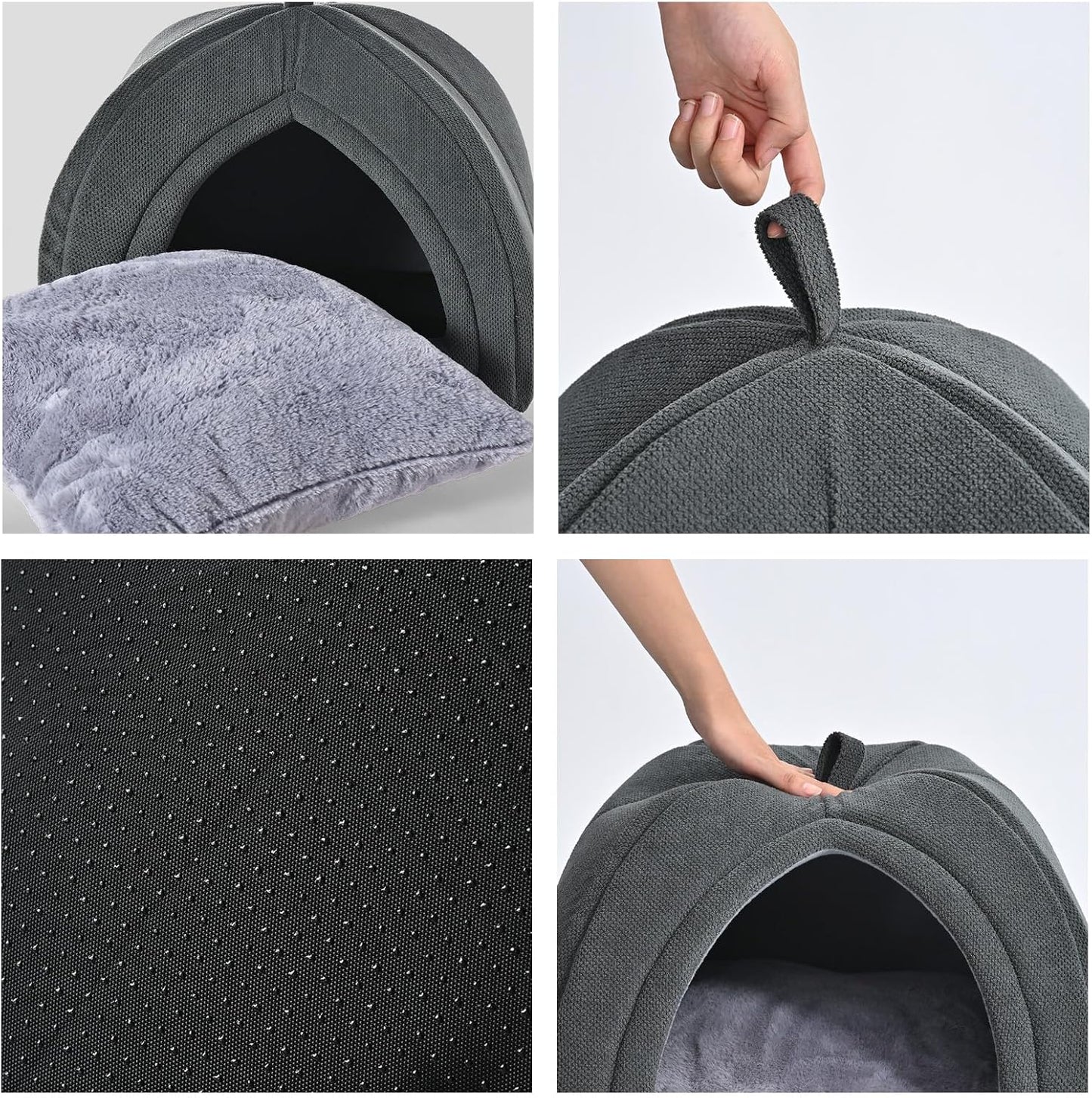Foldable Black Tent Pet Bed – Cozy Indoor Cat Cave with Removable Cushion for Small Pets