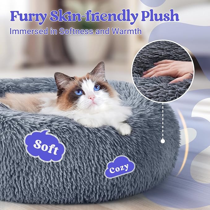 Medium Round Plush Cat Bed | Soft Donut Pet Nest with Non-Slip Base & Washable Design