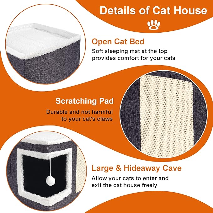 Cube Cat House with Soft Top Platform | Cat Condo with Hanging Toy Ball & Scratching Pad | Foldable Pet Bed for Cats up to 25 lbs