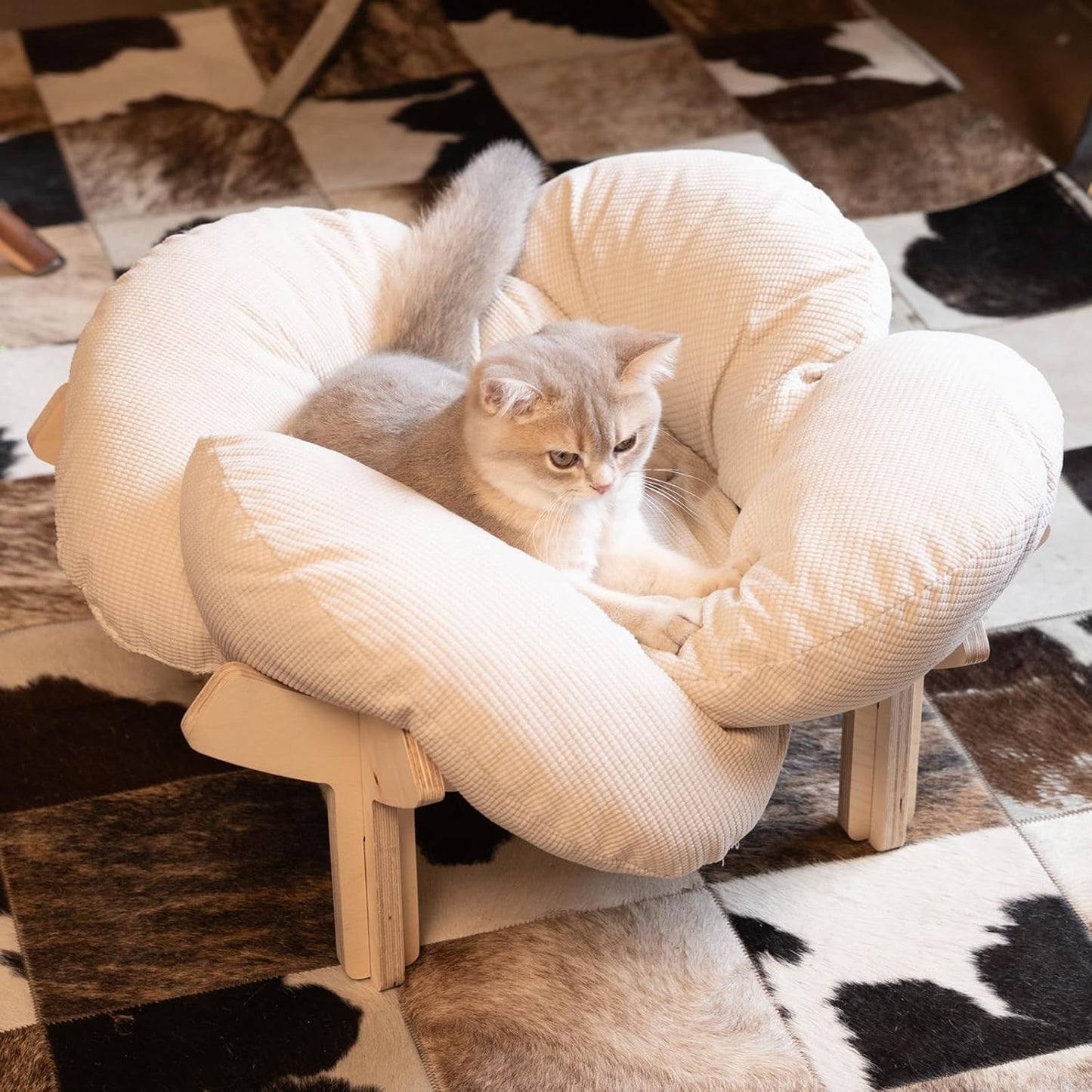 22-Inch Modern Wood Elevated Cat Bed | Soft Washable Cushion | Stylish Pet Lounger with 40 lbs Weight Capacity