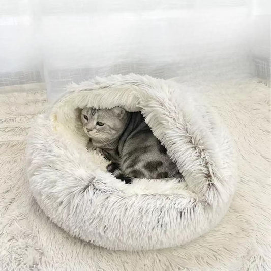 Semi-Enclosed Fluffy Cat Bed – Soft Faux Rabbit Fur Round Pet Nest for Winter, Washable and Warm