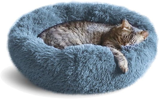20-Inch Round Plush Cat Bed | Soft Fluffy Donut Pet Bed with Anti-Slip Bottom | Machine Washable, Ideal for Pets Under 15 lbs
