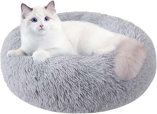 Round Plush Cat Bed | Cozy Donut Pet Bed with Anti-Slip Bottom for Cats & Small Dogs