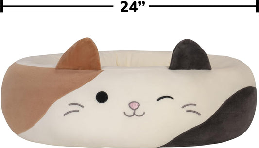 24-Inch Cute Cat Face Pet Bed｜Soft Plush Round Cat Bed with Raised Edges｜Comfortable & Cozy for Cats and Small Dogs