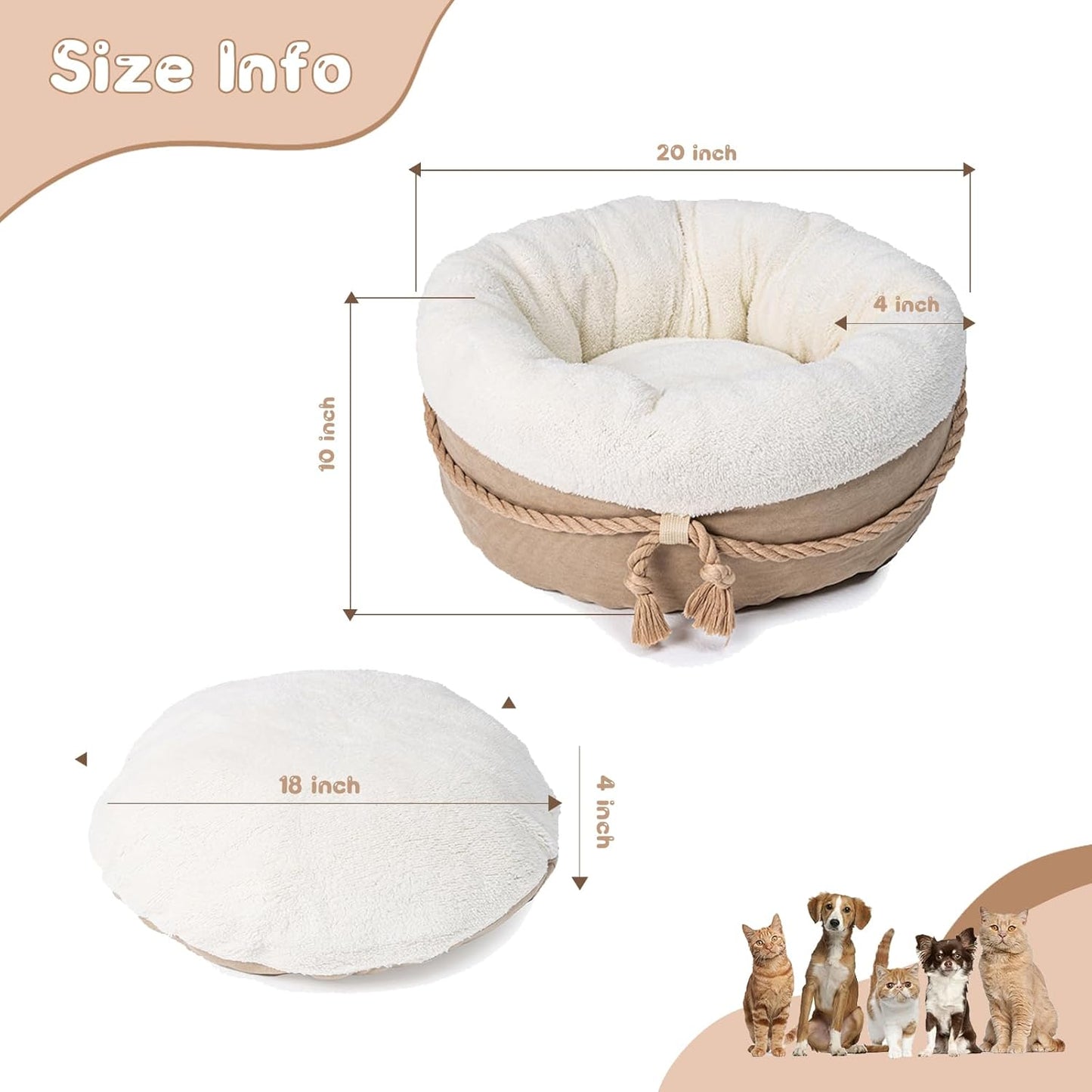 Round Plush Pet Bed – Washable Cozy Cat and Small Dog Nest with Thick Cushion (20 inch)