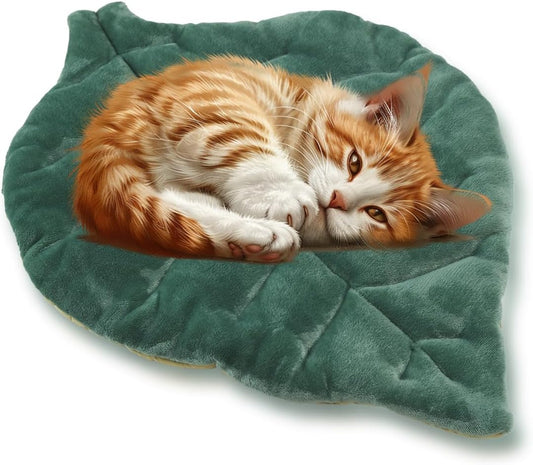 Leaf-Shaped Plush Pet Bed – Soft and Cozy Cat Mat – Green Nature Design Cushion for Cats & Small Dogs – 23" x 21"