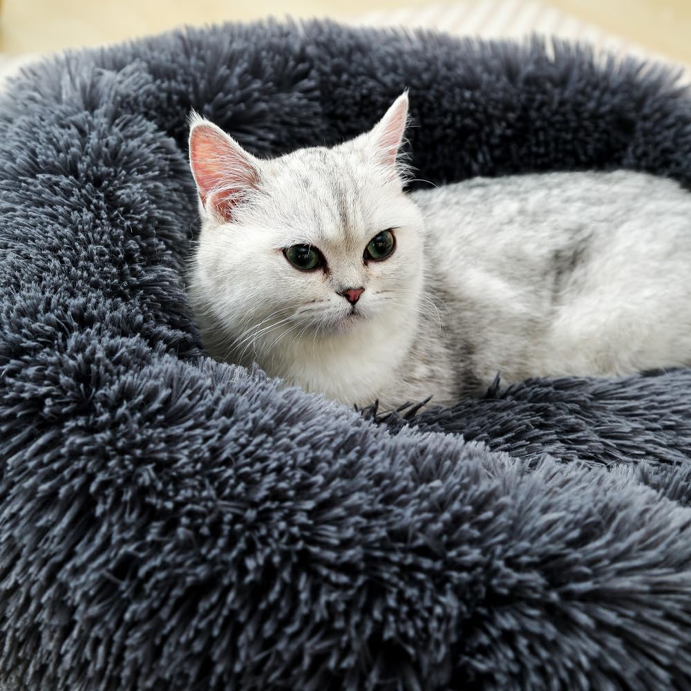 [Comfortable Haven] Dark Gray Long - haired Plush Cat Bed - A Cozy Nest for Cats