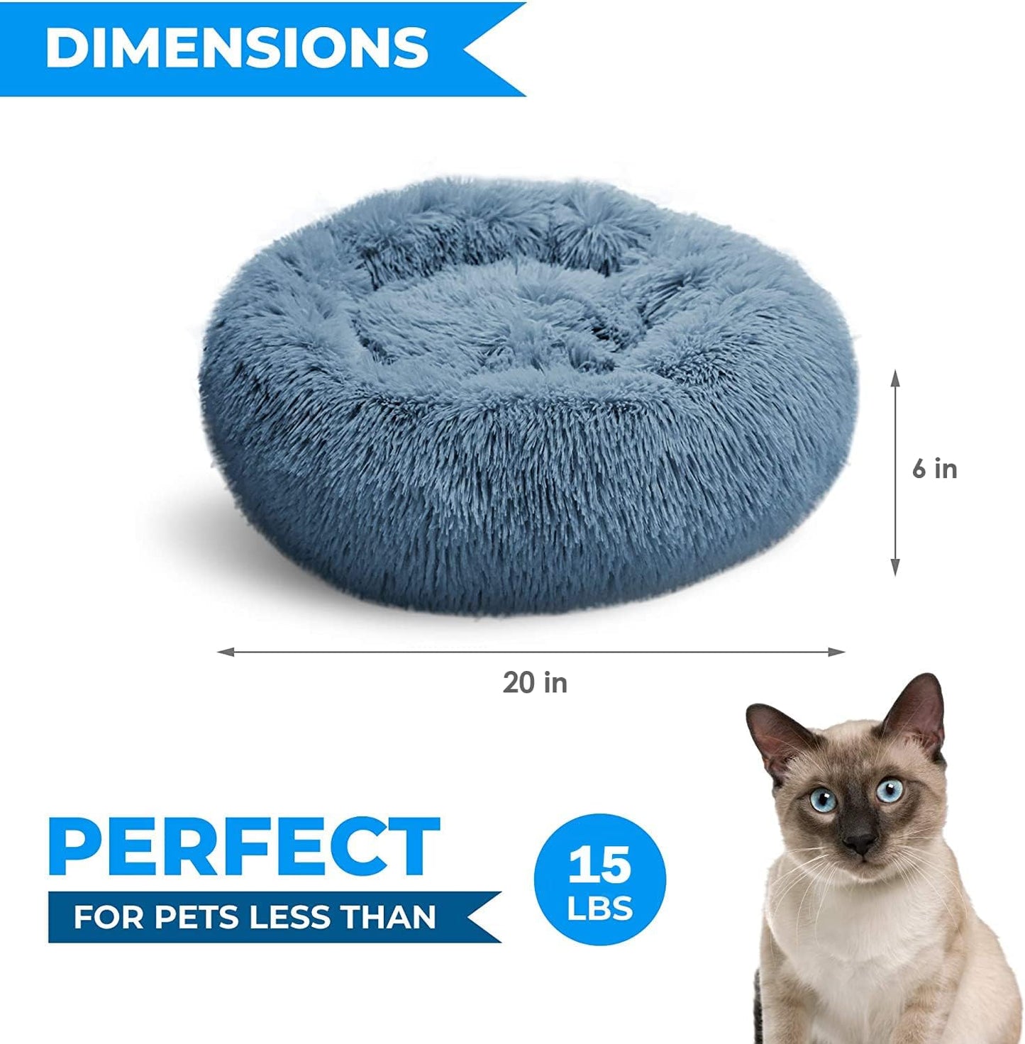 20-Inch Round Plush Cat Bed | Soft Fluffy Donut Pet Bed with Anti-Slip Bottom | Machine Washable, Ideal for Pets Under 15 lbs