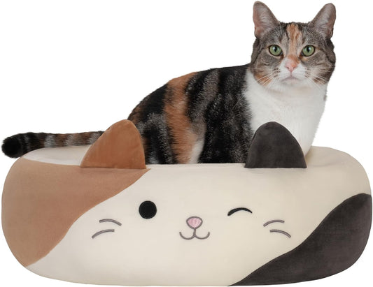 24-Inch Cute Cat Face Pet Bed｜Soft Plush Round Cat Bed with Raised Edges｜Comfortable & Cozy for Cats and Small Dogs