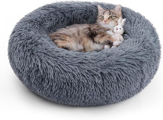 Medium Round Plush Cat Bed | Soft Donut Pet Nest with Non-Slip Base & Washable Design