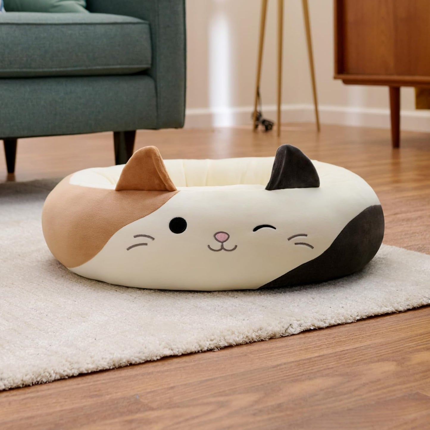 24-Inch Cute Cat Face Pet Bed｜Soft Plush Round Cat Bed with Raised Edges｜Comfortable & Cozy for Cats and Small Dogs