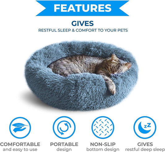 20-Inch Round Plush Cat Bed | Soft Fluffy Donut Pet Bed with Anti-Slip Bottom | Machine Washable, Ideal for Pets Under 15 lbs