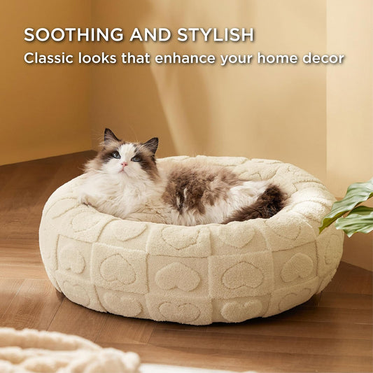20” Plush Donut Cat Bed with Raised Rim – Soft, Washable Round Pet Bed with Heart Pattern – Ideal for Cats & Small Dogs