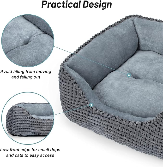 Soft Square Pet Bed – Washable Gray Cozy Cat & Small Dog Bed with Raised Edges