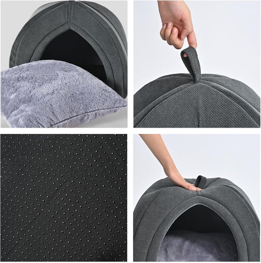 Foldable Black Tent Pet Bed – Cozy Indoor Cat Cave with Removable Cushion for Small Pets
