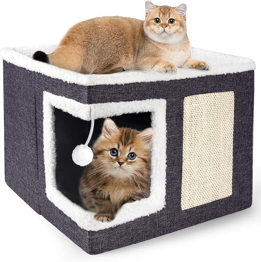 Cube Cat House with Soft Top Platform | Cat Condo with Hanging Toy Ball & Scratching Pad | Foldable Pet Bed for Cats up to 25 lbs