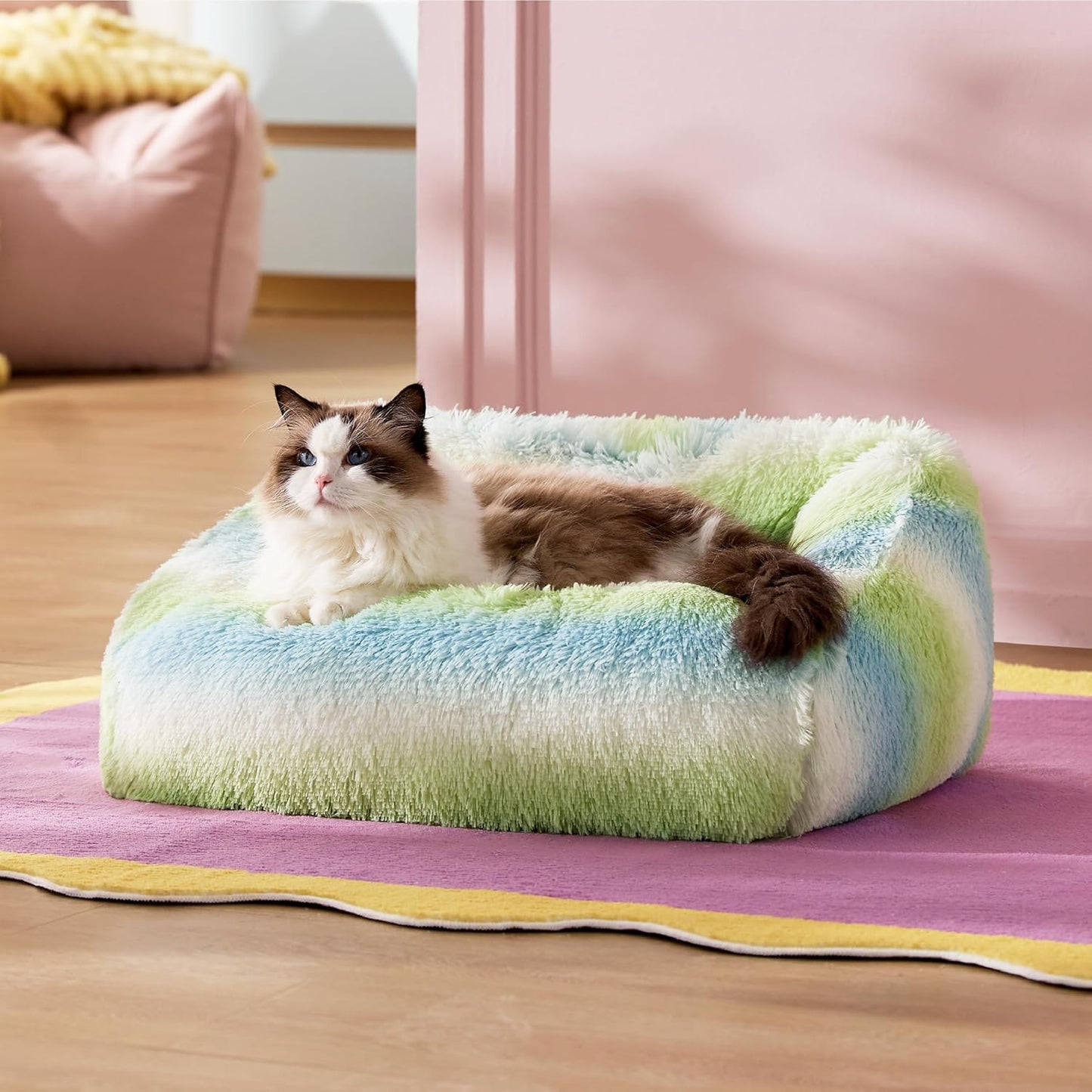 Gradient Plush Cat Bed | Soft Cozy Pet Sofa Bed for Cats & Small Dogs, Washable Anti-Slip Bottom