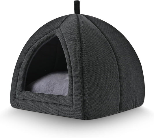 Foldable Black Tent Pet Bed – Cozy Indoor Cat Cave with Removable Cushion for Small Pets
