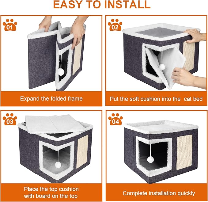 Cube Cat House with Soft Top Platform | Cat Condo with Hanging Toy Ball & Scratching Pad | Foldable Pet Bed for Cats up to 25 lbs