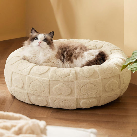 20” Plush Donut Cat Bed with Raised Rim – Soft, Washable Round Pet Bed with Heart Pattern – Ideal for Cats & Small Dogs