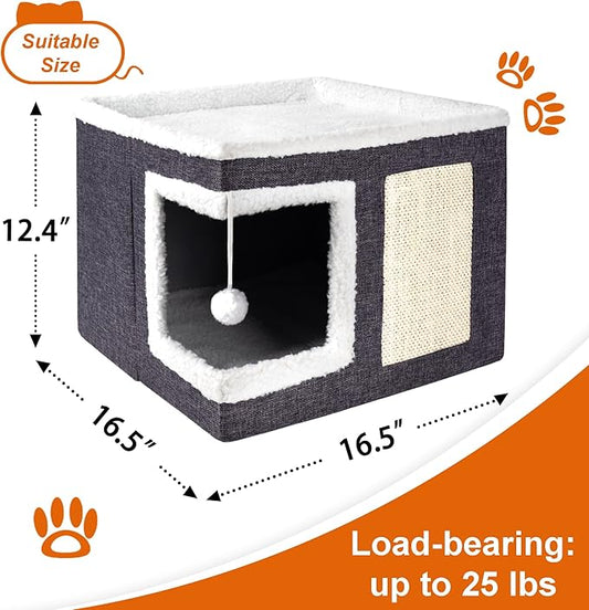 Cube Cat House with Soft Top Platform | Cat Condo with Hanging Toy Ball & Scratching Pad | Foldable Pet Bed for Cats up to 25 lbs
